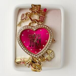 NIB JUICY COUTURE Gold Pink Rhinestone Heart Watch Charm Bracelet Crest Key GIFT